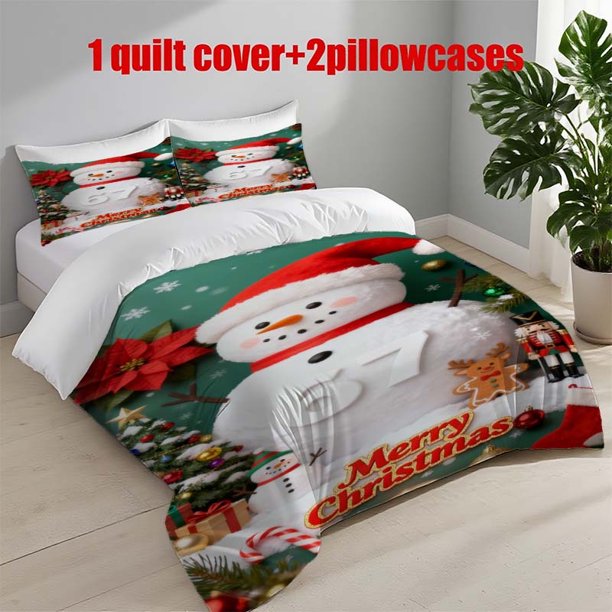 3pcs Snowman Christmas Decoration Theme Printed Bedding Set | 1 Duvet Cover + 2 Pillowcases Polyester