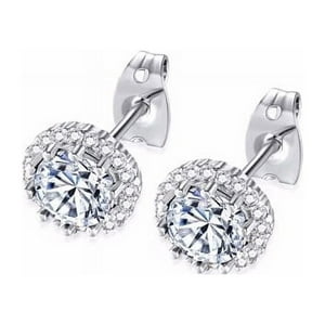 Pj Jewelry - Aros 10K White Gold 1 Ct Created Halo Round White Sapphire Stud Earrings Plated