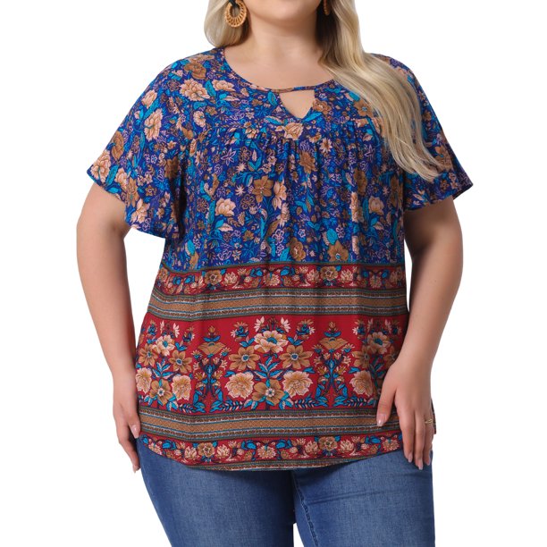 Agnes Orinda Blusas Boho de Talla Grande para Mujer con Cuello de Ojal Floral y Mangas Cortas con Volantes para Verano, Casual, Talla 4X, Azul Marino