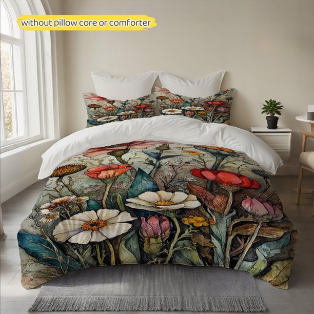 Vintage Floral Pattern Printed Duvet Cover Set Soft And Fluffy 100% Polyester Comfortable And Breathable Machine Washable All-Season Use Enhances Bedroom And Gu