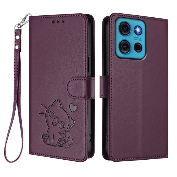 Funda Volteable con Diseño de Gato para Motorola MOTO G75 5G, Morado Oscuro