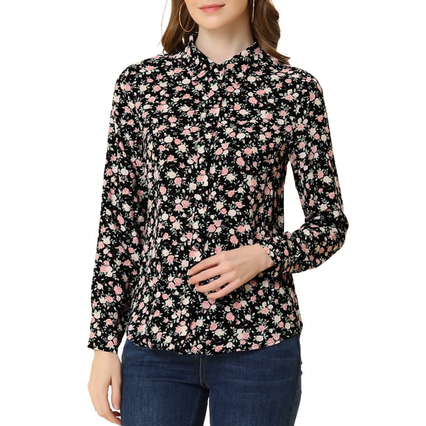 INSPIRE CHIC Camisa de Mujer con Botones, Manga Larga, Cuello en Punta, Estampado Floral Ditsy, Talla XL, Negro-Rosa Floral