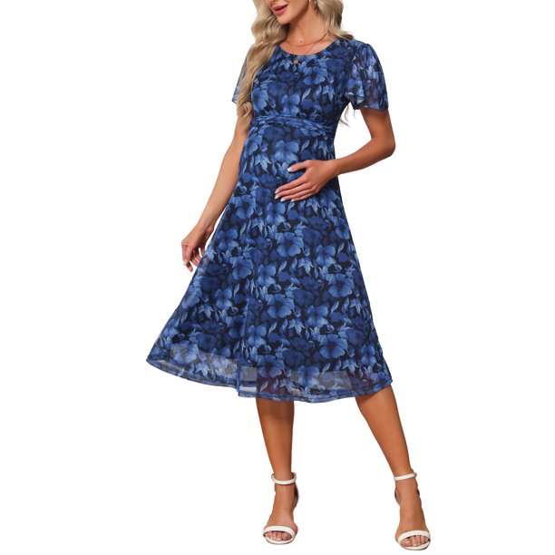 Vestido Floral Flowy de Maternidad para Mujeres INSPIRE CHIC Midi Formal Casual Embarazo 2026 Verano M Vestido Negro y Flor Azul