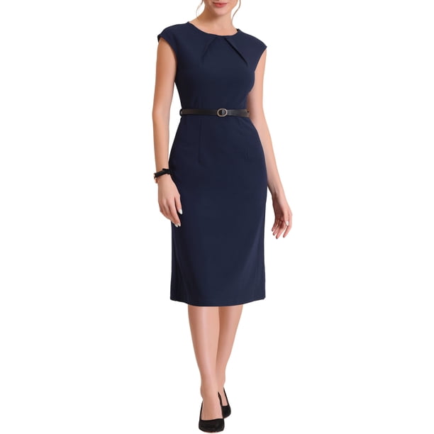 INSPIRE CHIC Vestido Elegante de Mujer con Mangas Cortas y Cinturón para el Trabajo Vestidos de Tubo Azul Oscuro 2XL