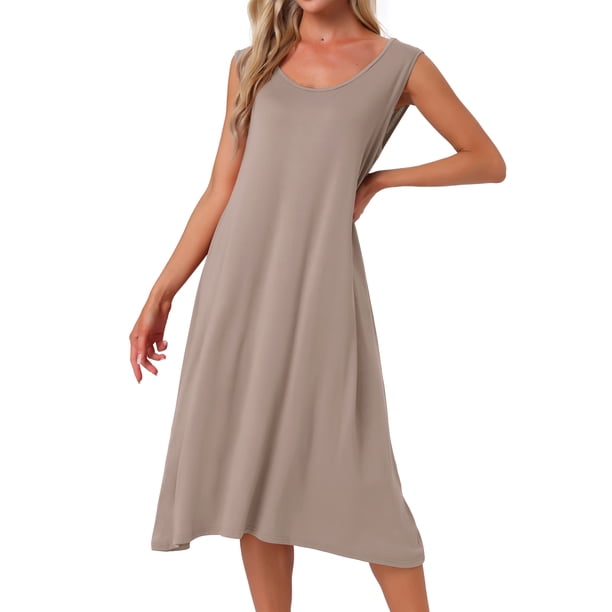 INSPIRE CHIC Vestido largo de dormir de algodón para mujer con bolsillos, suave, sin mangas, cuello redondo, camisón, ropa de estar, L Beige