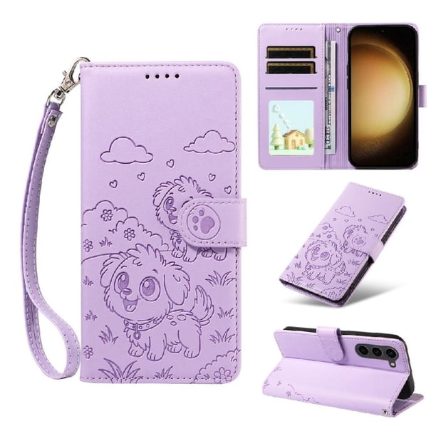 Funda Cartera para Samsung Galaxy S23 Plus Perro Cachorro Grabado con Tarjetas Soporte Correa Morado