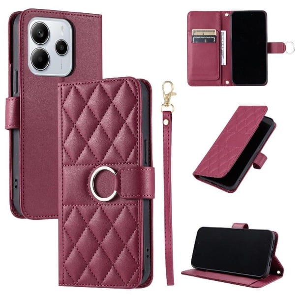 Funda Acolchada con Anilla y Correa para Xiaomi Redmi Note 14 Pro 4G Slots para Tarjetas Rojo