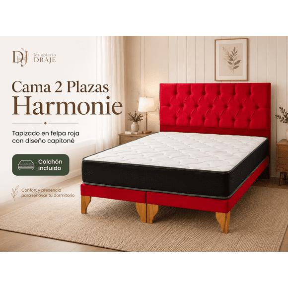 Cama 2 Plazas Colchón Hibrido Bonell Box Respaldo Capitone Felpa Rojo