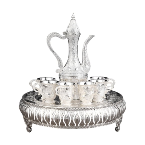 Juego de té turco con 6 tazas y artesanías de arte de bandeja Decanter y copas que sirven tetera para la sala de estar Holding Holiday Holiday , Plata
