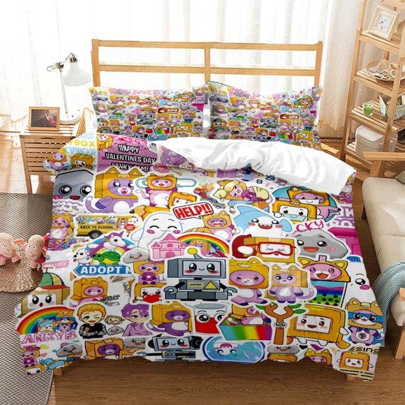v550 Bed Sheets Cartoon Lanky-box Foxy Boxy Bedding Set,Duvet Cover Bed Set Quilt Cover Pillowcase,King Queen Twin Size Boys Girls Adults 3-Piece Bedding Set (1 Duvet Cover + 2 Pillow Shams) Bed Sheet