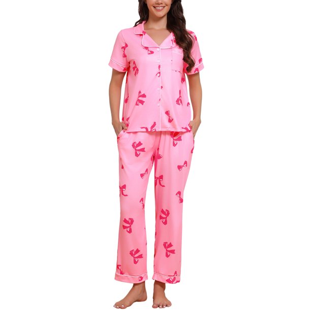 INSPIRE CHIC Conjunto de Pijama para Mujer Manga Corta Ropa de Dormir Camisones Botones Estampado Cuello Solapa Pantalones Pierna Ancha Recta Cintura Elástica Conjuntos Descanso 2XL Rosa