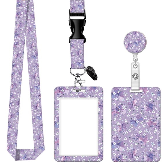 Porta Credencial SUPSLOTH con Flores Moradas y Carrete Retráctil