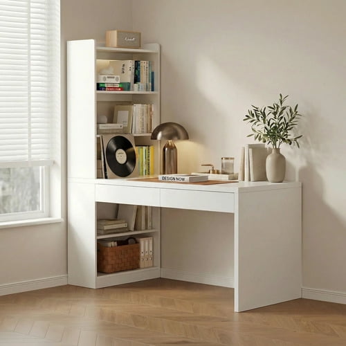 Escritorio Rocio Moderno Con Estantería Lateral 2 Cajones Blanco