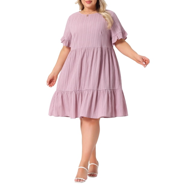 Vestido de verano para mujer de talla grande Agnes Orinda con textura, volantes, manga corta, dobladillo en capas, cuello redondo, midi, casual, línea A, 2025, 4X, rosa
