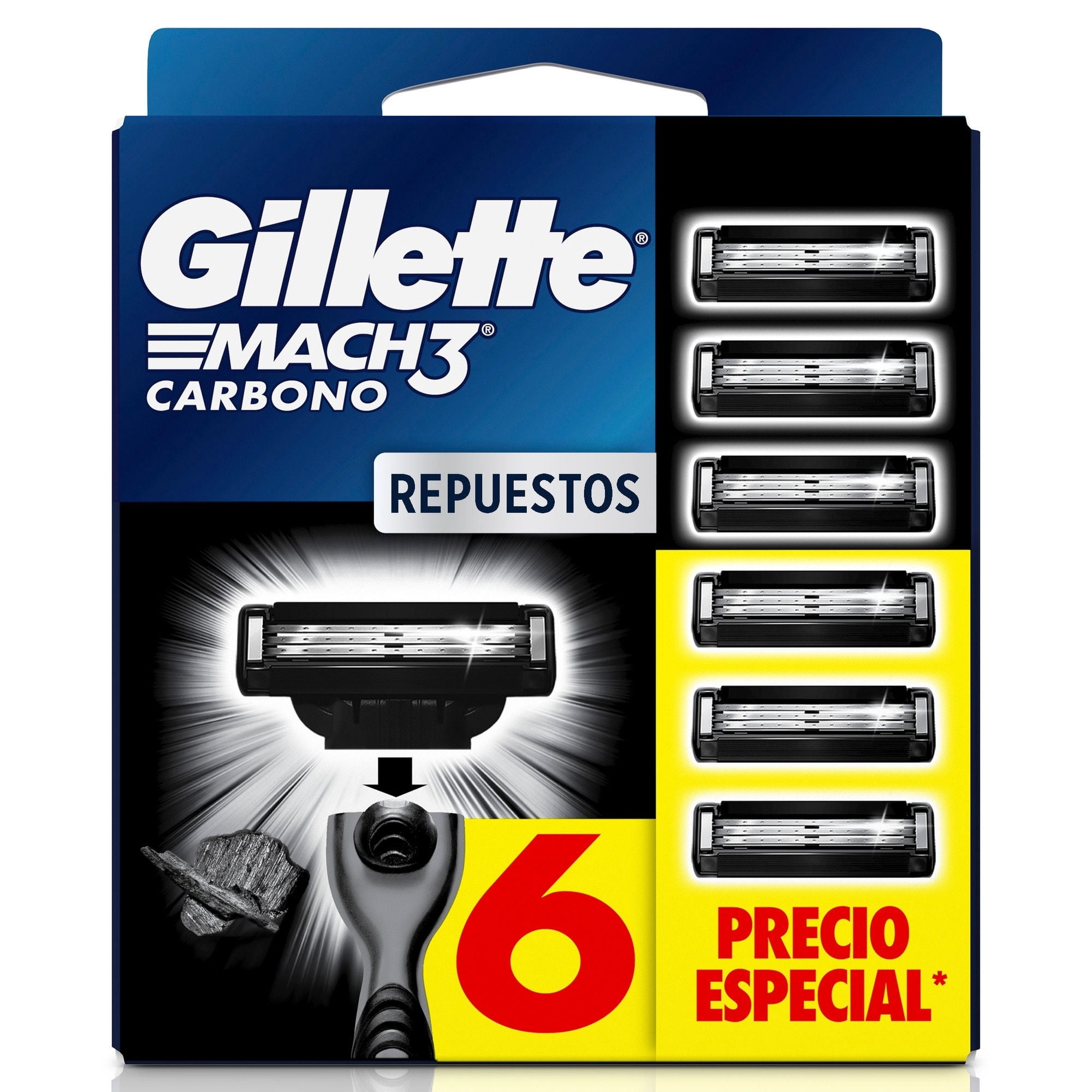 Repuesto Para Máquina De Afeitar Mach3 Con 3 Hojas Carbón Un Gillette