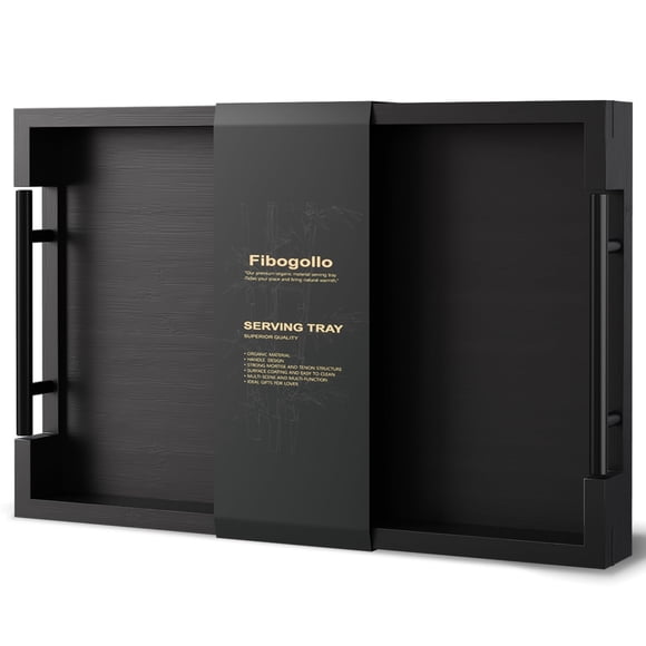 Bandeja para servir Fibogollo Bamboo con asas de metal, 38 x 25 cm, color negro