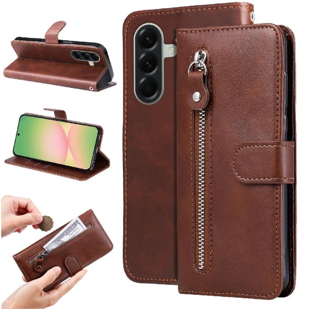 Funda tipo cartera para Samsung Galaxy A57 5G con bolsillo con cremallera y ranuras para tarjetas – Función de soporte Marrón