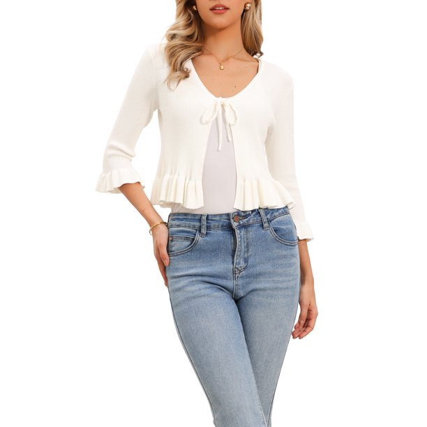 INSPIRE CHIC Cárdigans para Mujeres de Moda con Volantes Manga Larga Suéter de Punto Abierto Chaqueta Exterior L Blanco