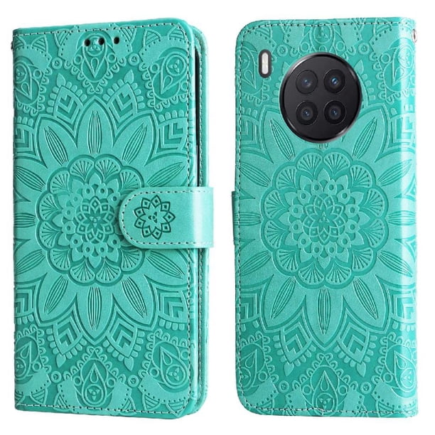 Funda tipo cartera FOXDOCK para Honor 50 Lite , diseño girasol en relieve, cuero PU, cierre magnético, soporte y tarjetero