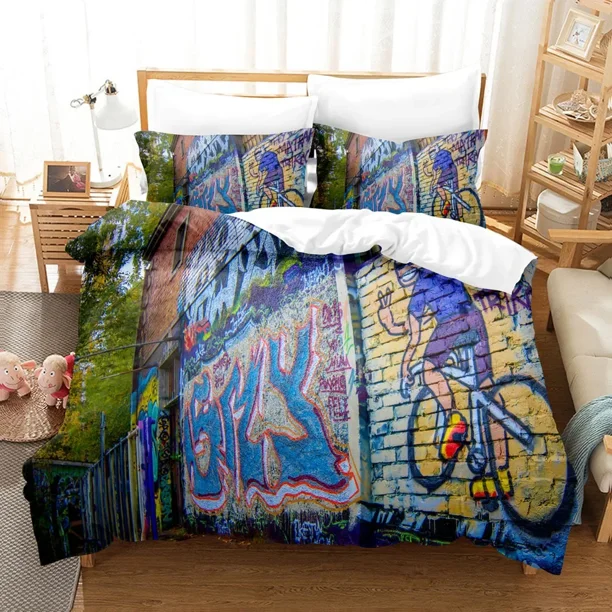 x1257 Bed SheetsGraffiti Duvet Cover Set / Size Kid Boys Youth Modern Wall Urban Street Art Painting Polyester Bedding Set Pillowcases 3-Piece Bedding Set (1 Duvet Cover + 2 Pillow Shams) nj1257