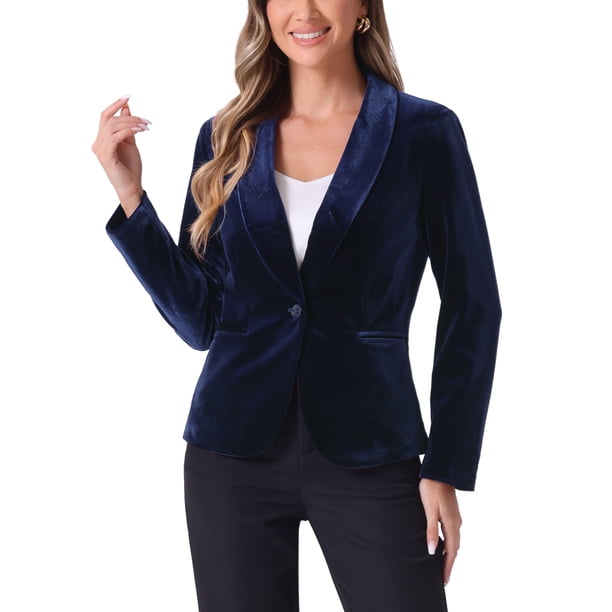 INSPIRE CHIC Chaqueta de Terciopelo para Mujer de Halloween, Blazer de Color Sólido con Cuello de Chal, Un Botón, Traje para el Trabajo, XS Azul Oscuro
