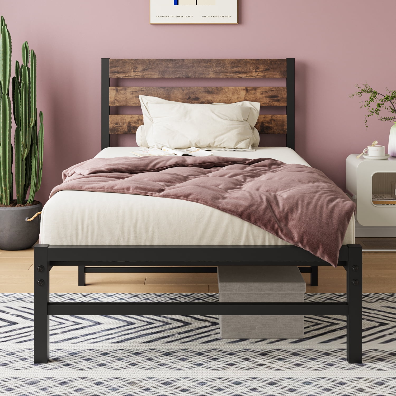 M&ms - Twin Size Platform Bed Frame With Rustic Vintage Wood Headboard, Strong Metal Slats Support Mattress Foundation, No Box Spring Needed Rustic Brown