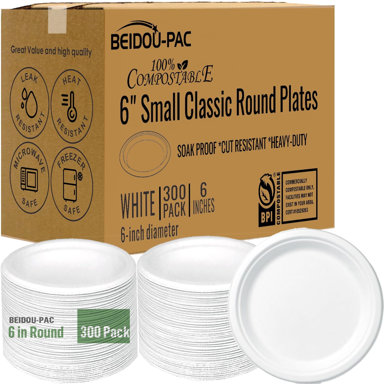 Platos De Papel Desechables Beidou-pac Compostables De 6 Pulgadas Y 300 Unidades