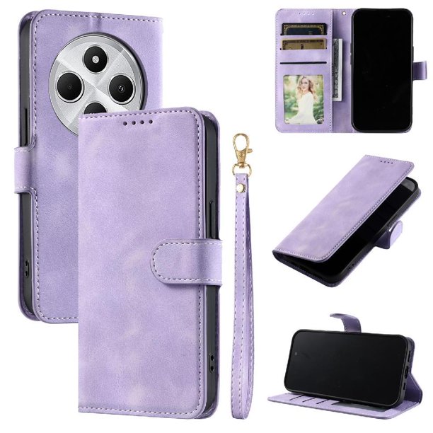 Funda Cartera para Xiaomi Redmi 14C Tapa con Ranuras, Soporte y Correa Morado