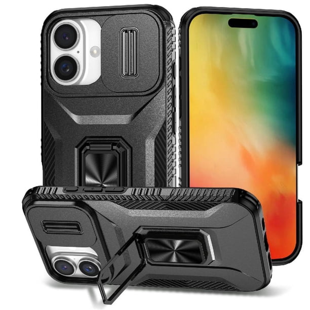 Funda Armada para iPhone 16 con Tapa Deslizante y Soporte Magnético Giratorio Negro