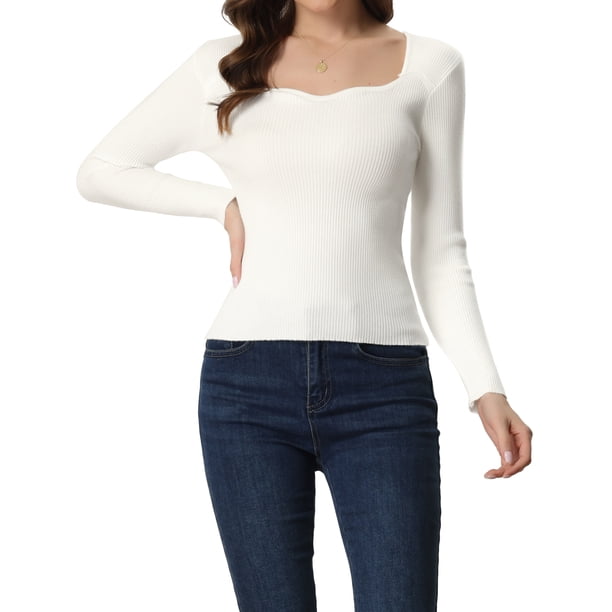 INSPIRE CHIC Suéter de Mujer Ajustado de Manga Larga con Cuello Corazón Tejido XS Blanco