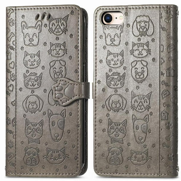 Funda Cartera FOXDOCK para iPhone 8/7 , Flip PU con Relieve de Gatos y Perros, Tarjetero y Soporte
