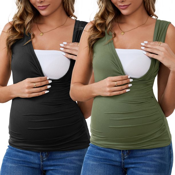 INSPIRE CHIC Paquete de 2 Camisetas Básicas sin Mangas para Maternidad con Pliegues Cruzados para Mujeres, Camisetas de Lactancia de Talla Mediana en Negro y Verde