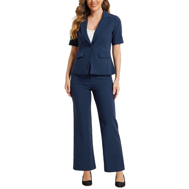 INSPIRE CHIC Conjunto de Traje de Oficina para Mujer con Blazer de Manga Corta de Un Botón y Pantalones de Traje M Azul Oscuro
