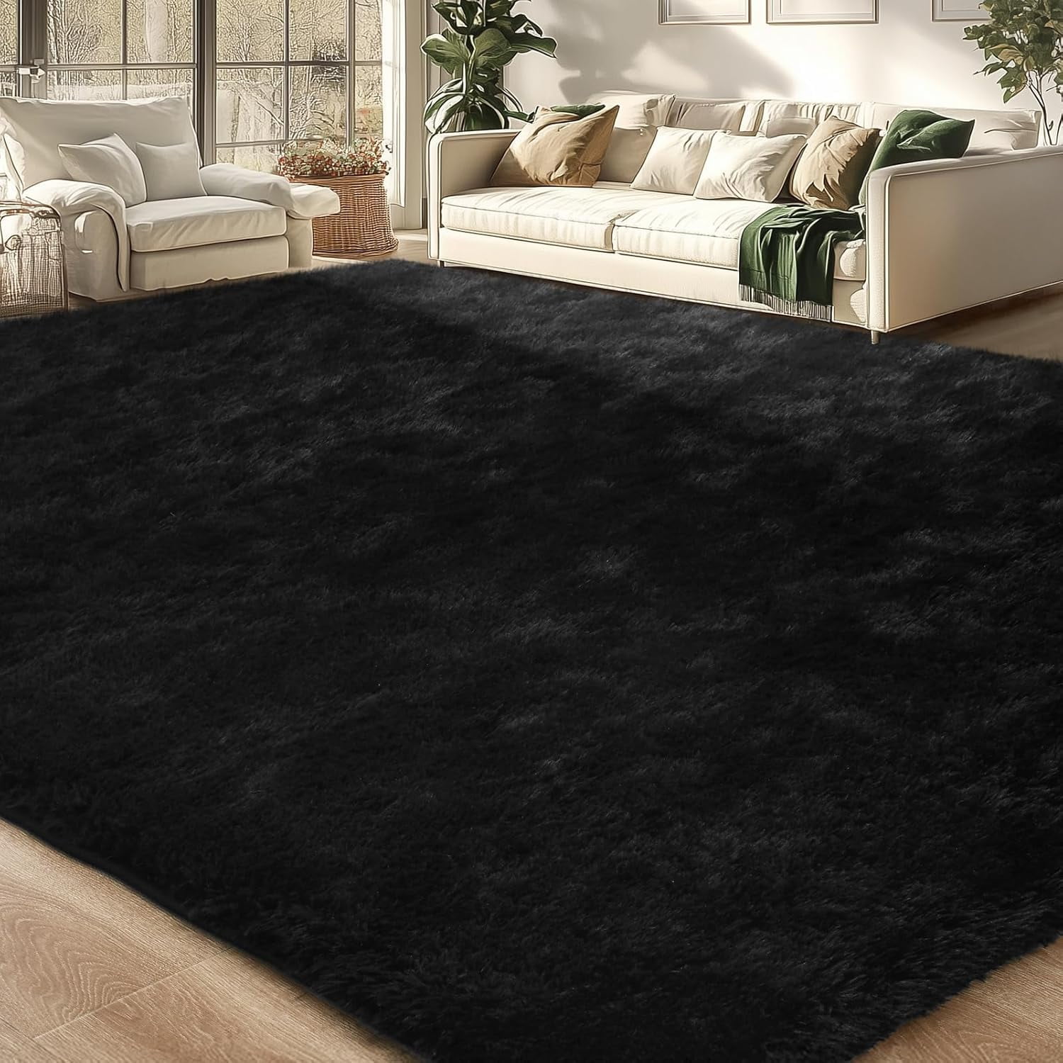 Alfombra Merelax Soft Fluffy Shaggy De 4 X 6 Pies, Negra, Para Dormitorio