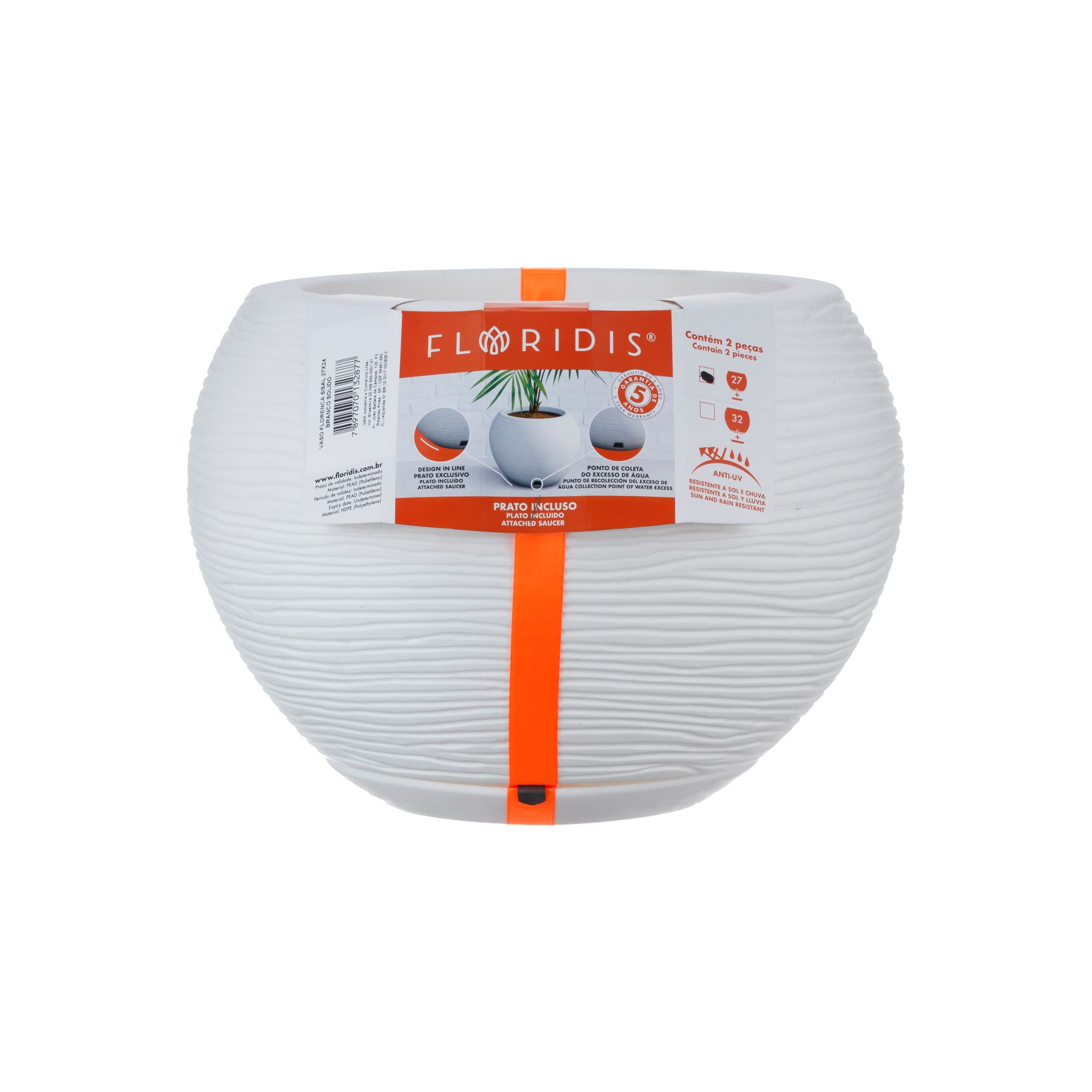 Floridis - Macetero Blanco Florencia 24 Cm Alto Con Plato