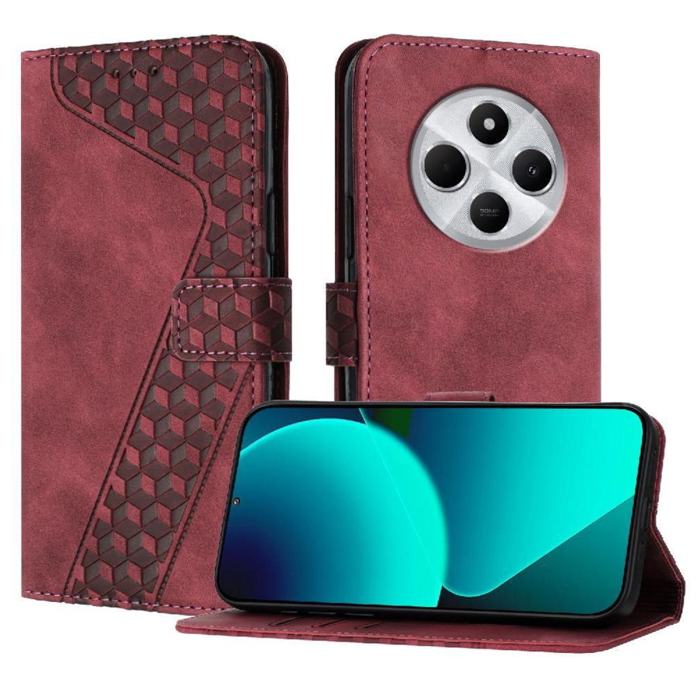 Foxdock - Funda Tipo Cartera Para Xiaomi Redmi 14c Con Tarjetero, Bolsillo Para Billetes, Soporte, Cierre Magnético Y Correa Para La Muñeca, Funda Tipo Folio Con Textura Geométrica Marrón
