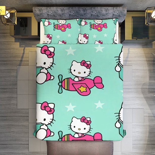 Hello Kitty on A Plane 3 Pieces Duvet Cover Set Full Size Super Soft Fade Resistant Microfiber