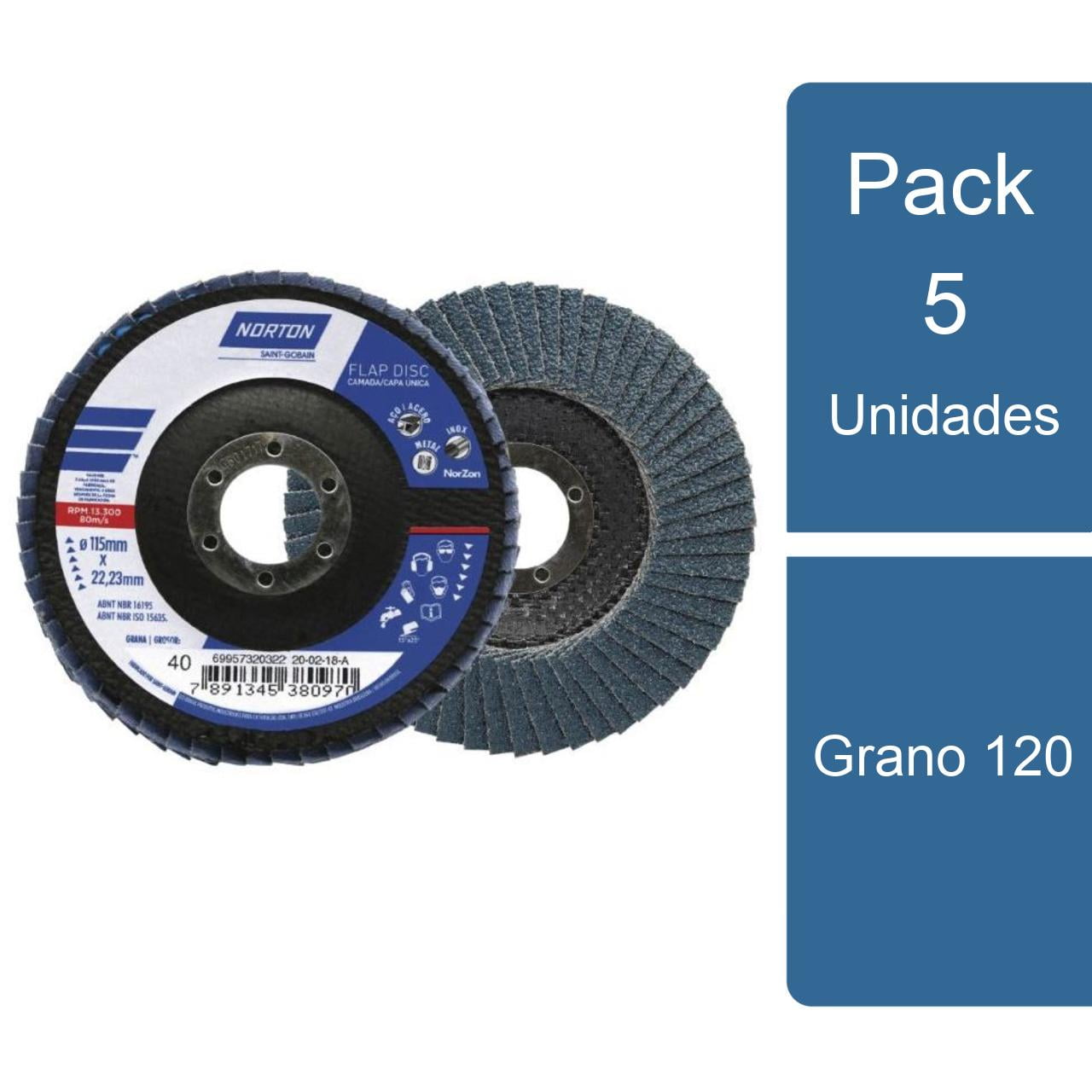 Norton - Pack 5 Disco Traslapado Lija 4.1/2" / 115mm Grano 120