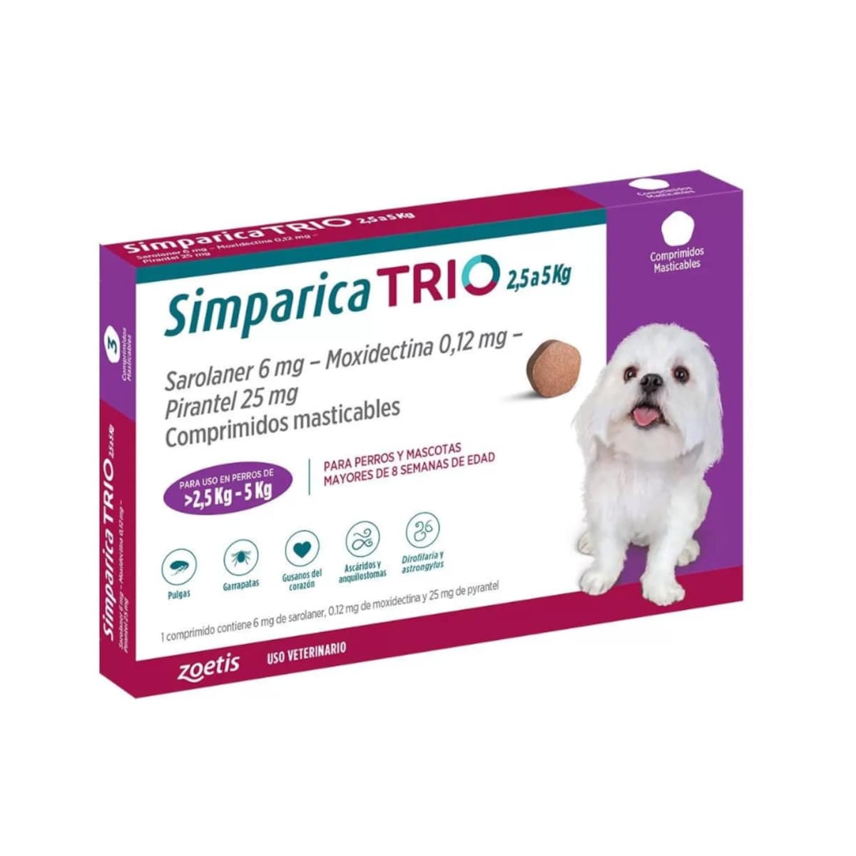 Zoetis - Simparica Trio Antiparasitario Interno Y Externo 2.5 A 5 Kg 3 Comp