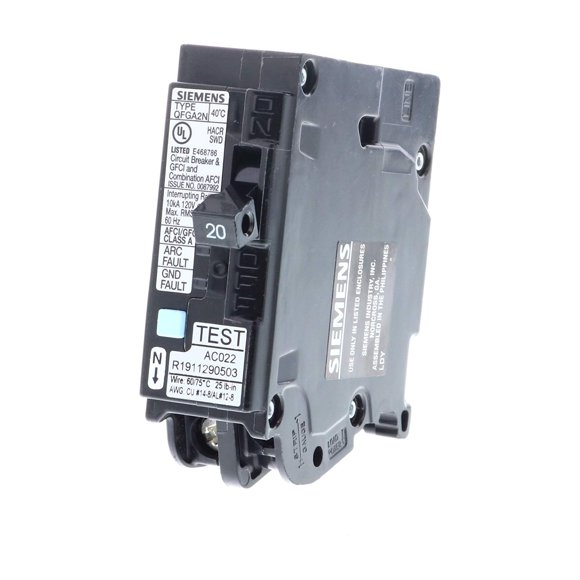 Disyuntor SIEMENS de 20 amperios y 1 polo de doble función (CAFCI/GFCI)
