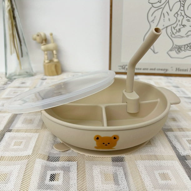 Baby Silicone Complementary Food Meal Bowl, Food Grade Suction Cup Bowl, Non-slip Baby Portable Dinner Plate, Anti-fall With Cover, Cute Divided Plate