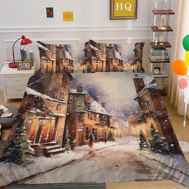 Christmas Gifts Santa Claus Snow House Child Quilt Duvet Cover Set Soft Kids3-Piece Bedding Set