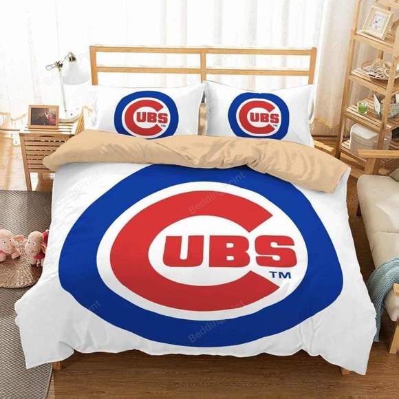Chicago Cubs Logo Print Simple White Quilt Duvet Cover Set Bedroom Decor