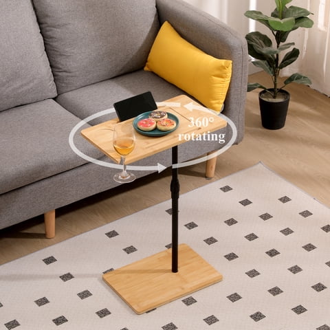 M&Ms - Bamboo Couch Tray Table Height Adjustable C-Shaped End Table With Slots 2 Tier Sofa Side Table For Living Room & Bedroom (Rectangle + Rectangle)