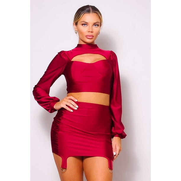 Conjunto de Blusa de Cuello Alto con Abertura Frontal y Manga Larga Abullonada y Minifalda con Liga Fruncida en los Laterales