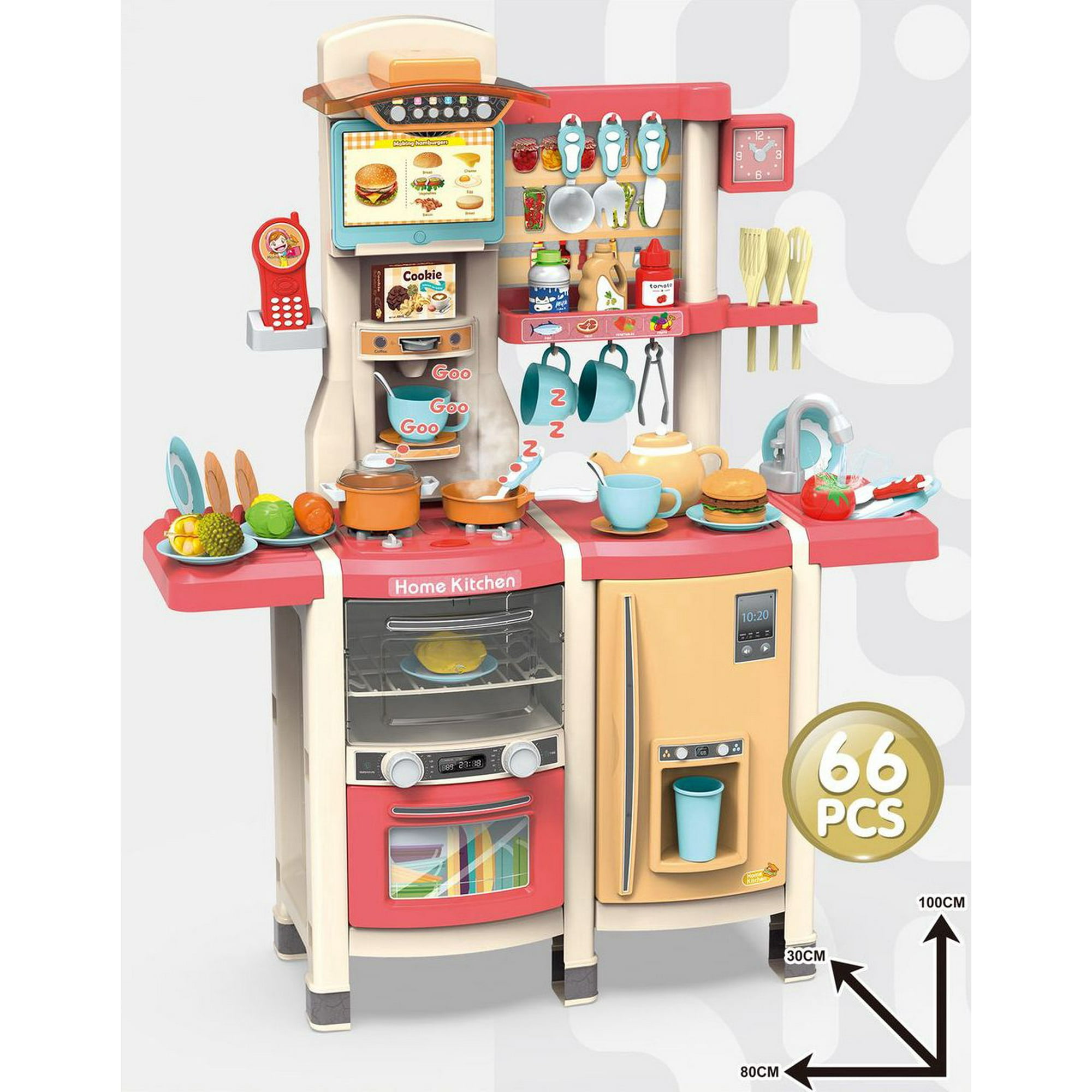 Modernkitchen - Cocina Juguete 66 Pcs 100cm Rosada, Alto, Vapor,agua, Multifuncional