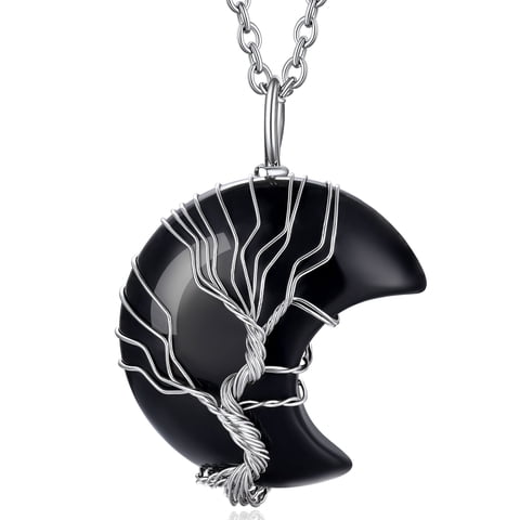 Heshpaws Árbol De La Vida Collar De Collar De Alambre Envuelto De Luna Creciente Colgante De Piedra De La Luna Creciente Colgante,7 Chakra Collar De Joyería De Cristal De Curación Para Mujeres