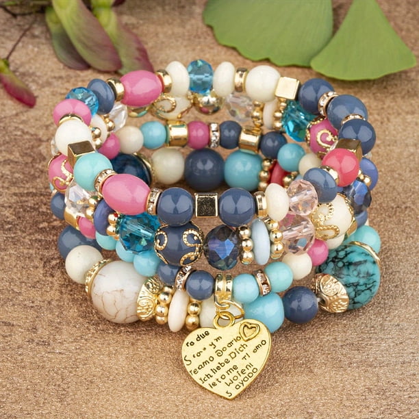 Heart Charm Beads Layered Bracelet Set Pompomia Bracelet Charm Vintage Jewelry Valentine's Day Gift