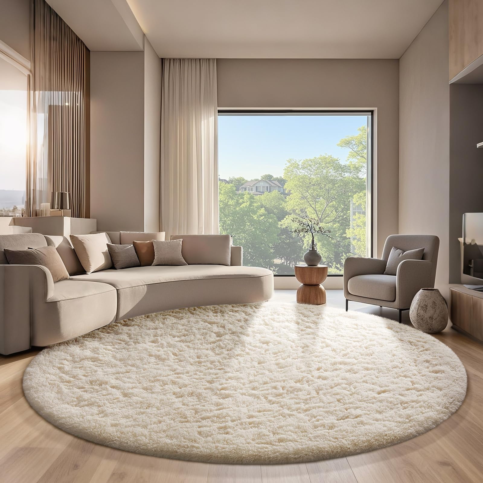 Area Rug Ophanie Round, Círculo Marfil De 2,13 M, Para Decoración De Habitaciones