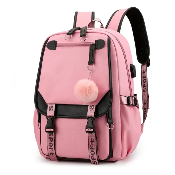 Large School Bags for Teenage Girls USB Port Canvas Schoolbag Student Book Bag Fashion Black Pink Teen School Backpack